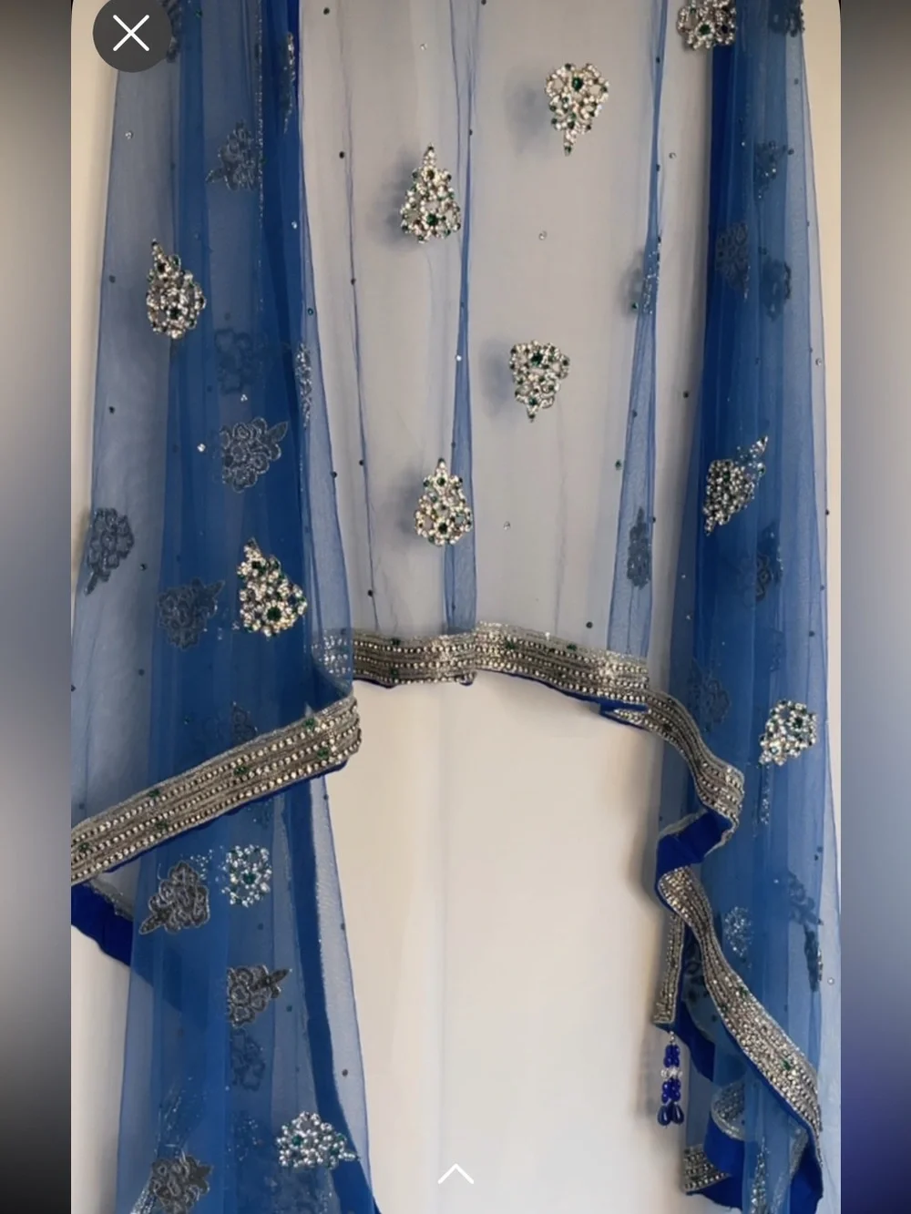 Great Quality Blue Embellished Formal Dupatta with Silver/Green accents.